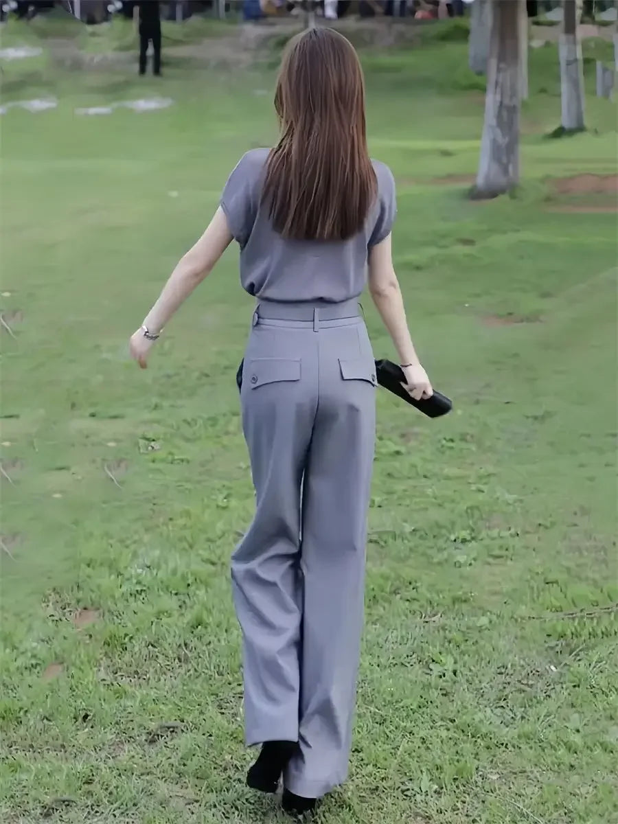 🍒Womans workwear set office professional wide leg pant and Top set  matching Tailor style elegant smart casual clothing No Grey Day With This Grey Day