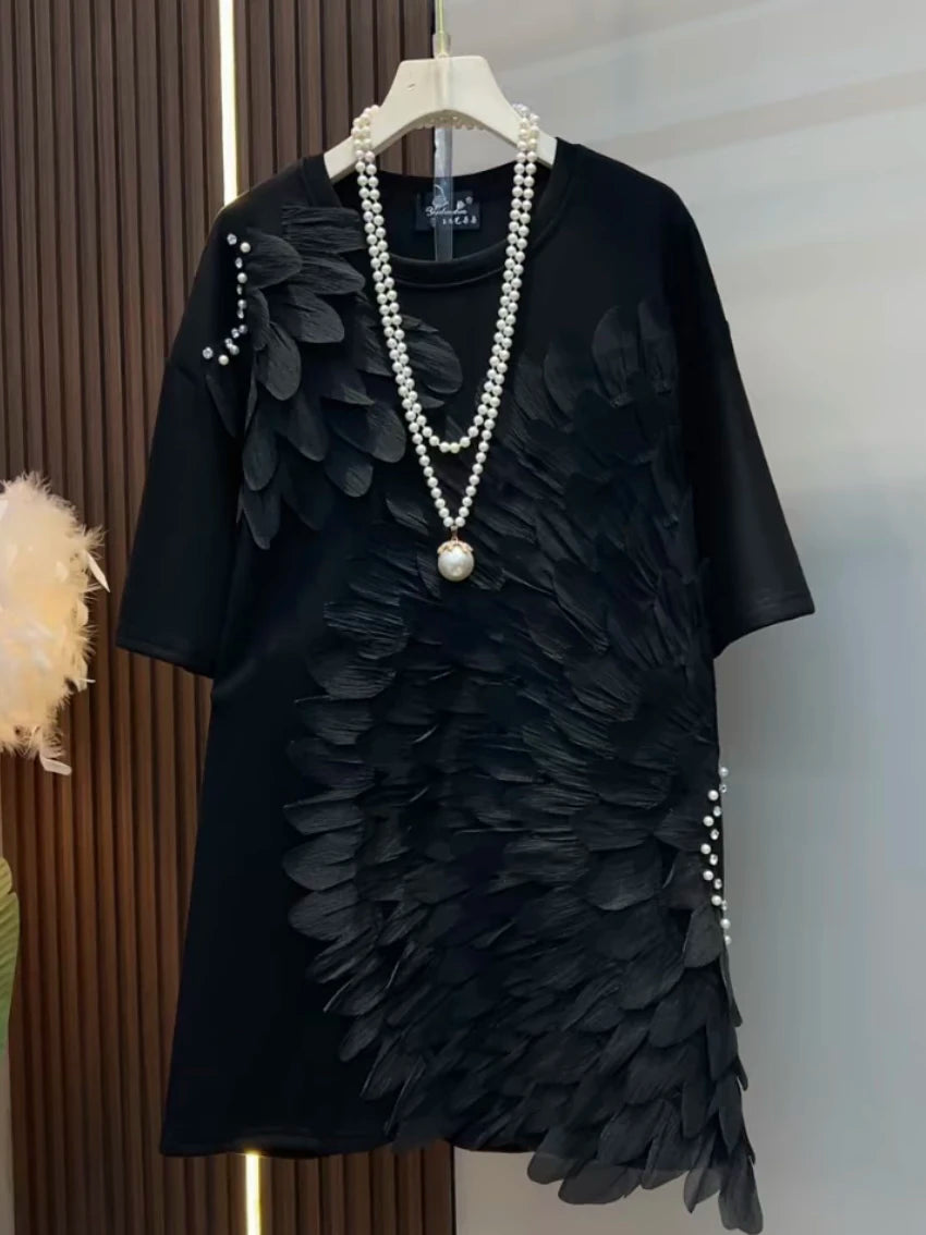 🍒Womens clothing oversize Spring summer clothing t-shirt dress 3D floral loose fashion tees unique chic super short-sleeve top Pick A Sun-flower