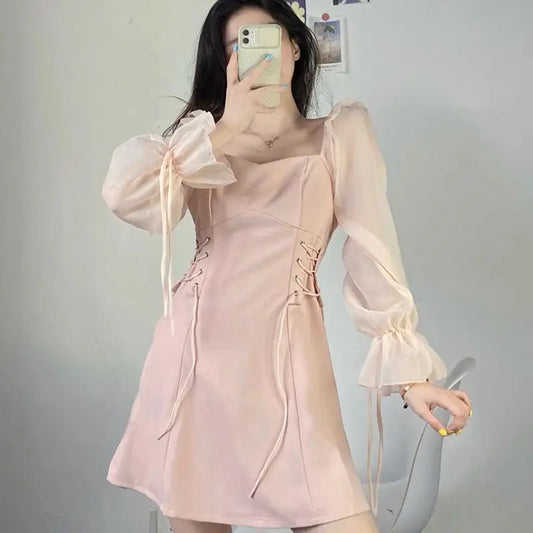 🍒Pink dresses women spring summer sweet heart neckline outfit a-line mini dress with puff sleeves lace up draw string sides waist feminine fashion A- Pretty Pink