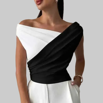 🍒Fashion office wear female slash neck top sleeveless one shoulder top for women elegant summer shirt white black off shoulder top holiday wear blouses smart casual vacation clothes Make No Mistake Close This Drape