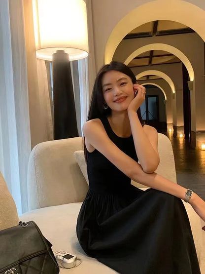 🍒Long dresses high waist summer round neck maxi dress sleeveless women fashion simple style elegant long black outfit smart casual wear
