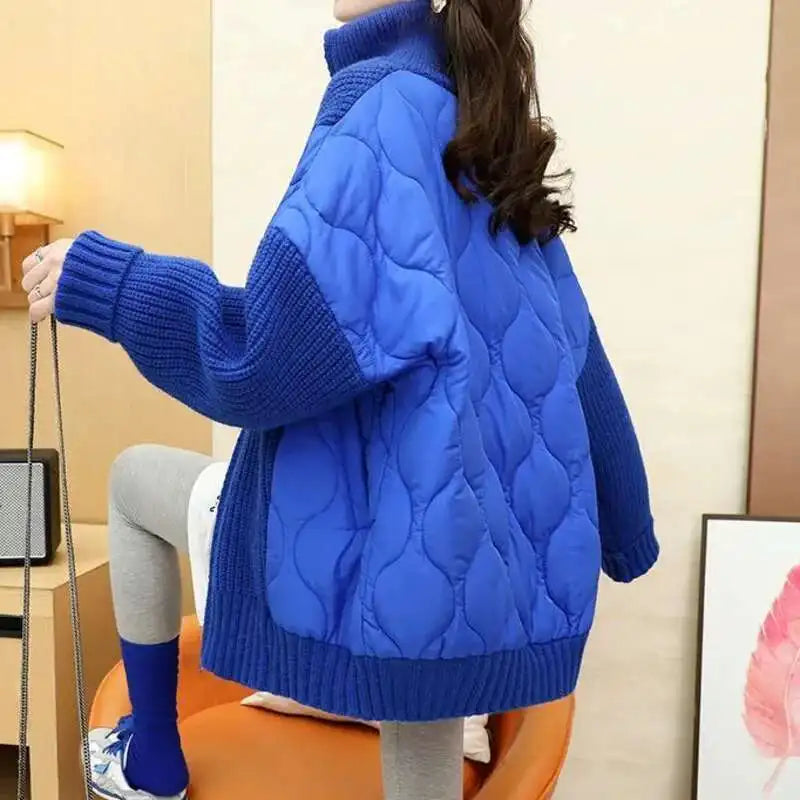 🍒Mixed media jacket knitted women patchwork outerwear  padded loose casual solid skin zipper cardigan female fashion warming outerwear Get Down To Town