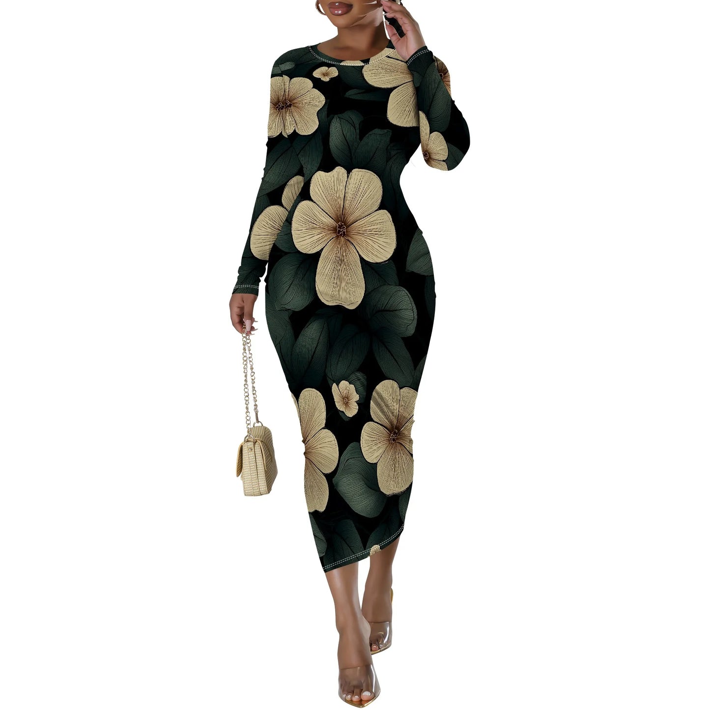 🍒Floral print dresses for women o -neck long sleeve fashion  stretchy summer clothes fitted bodycon midi smart casual You Won't Want To Leaf This Dress Alone