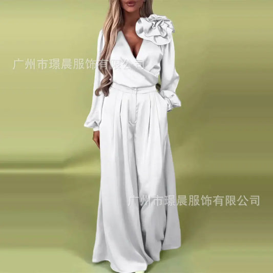 🍒Wide leg pants set elegant 3d flower satin suit for women v neck blouse plus wide leg casual loose  trousers party wear occasion wear two piece                           Suit Yourself With Satin