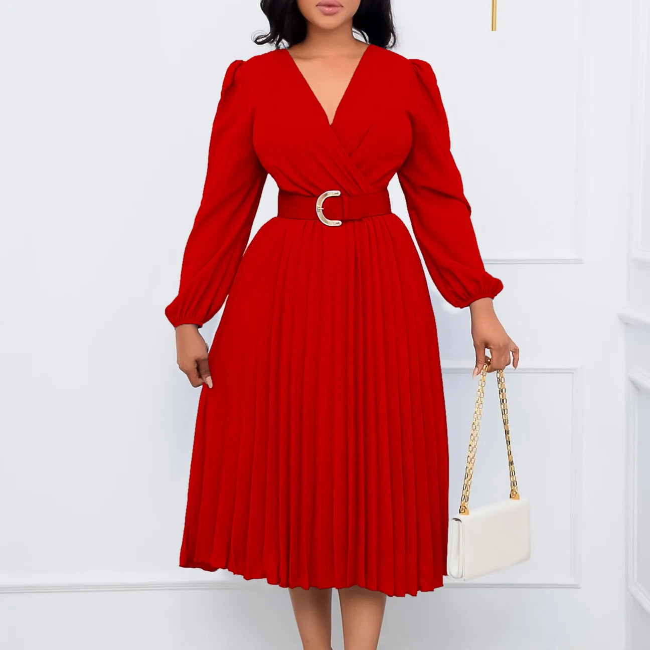 🍒Elegant womens dress v neck long sleeves waist belt a-line outfits solid clothing pleated classy fashion office wear for ladies banquet formal wear summer clothing Pleasing Pleats