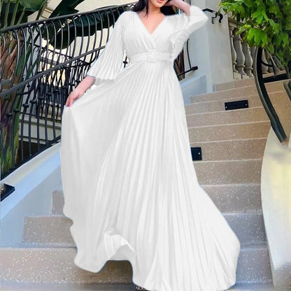 🍒 Dinner party dress V-neck design pleated womens fashion wear elegant maxi oufit with belt long sleeve fashion occasion wear party wear Com-PLEATly Flared Affair