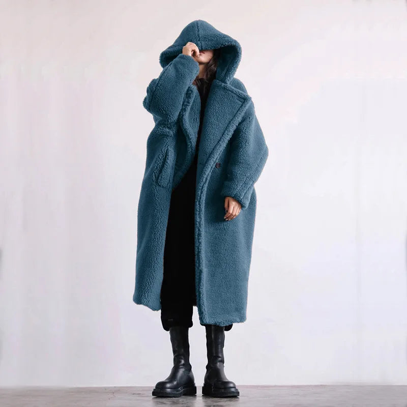 🍒Womens faux fur coat hooded midi lapel collar coat turn down collar coat colourful outerwear fashion open stitch elegant Warm thick autumn winter wear Feel Like A Bear In A Teddy