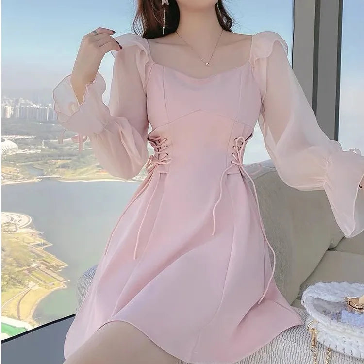 🍒Pink dresses women spring summer sweet heart neckline outfit a-line mini dress with puff sleeves lace up draw string sides waist feminine fashion A- Pretty Pink