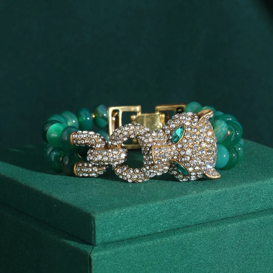 🍒Vintage rhinestones leopard head bangle natural stone real raw green bead bracelet Colour accessories luxury designer style jewellery Get The Green Eye