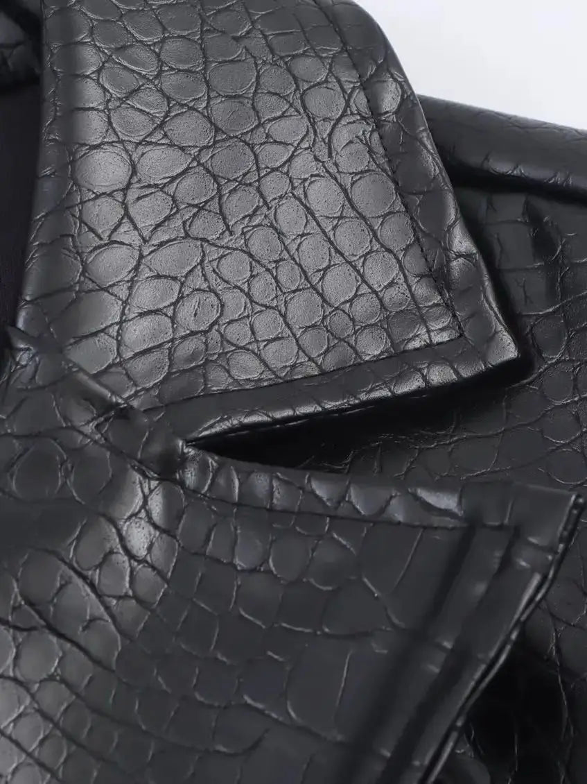 🍒Extra long faux leather trench coat vintage maxi luxury pu double breasted black designer outerwear clothing smart casual Crocodile Style