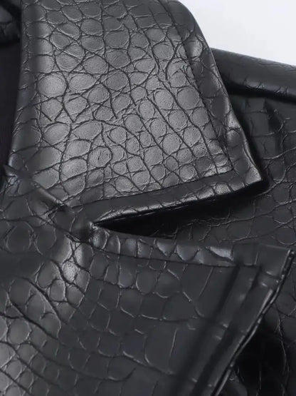 🍒Extra long faux leather trench coat vintage maxi luxury pu double breasted black designer outerwear clothing smart casual Crocodile Style