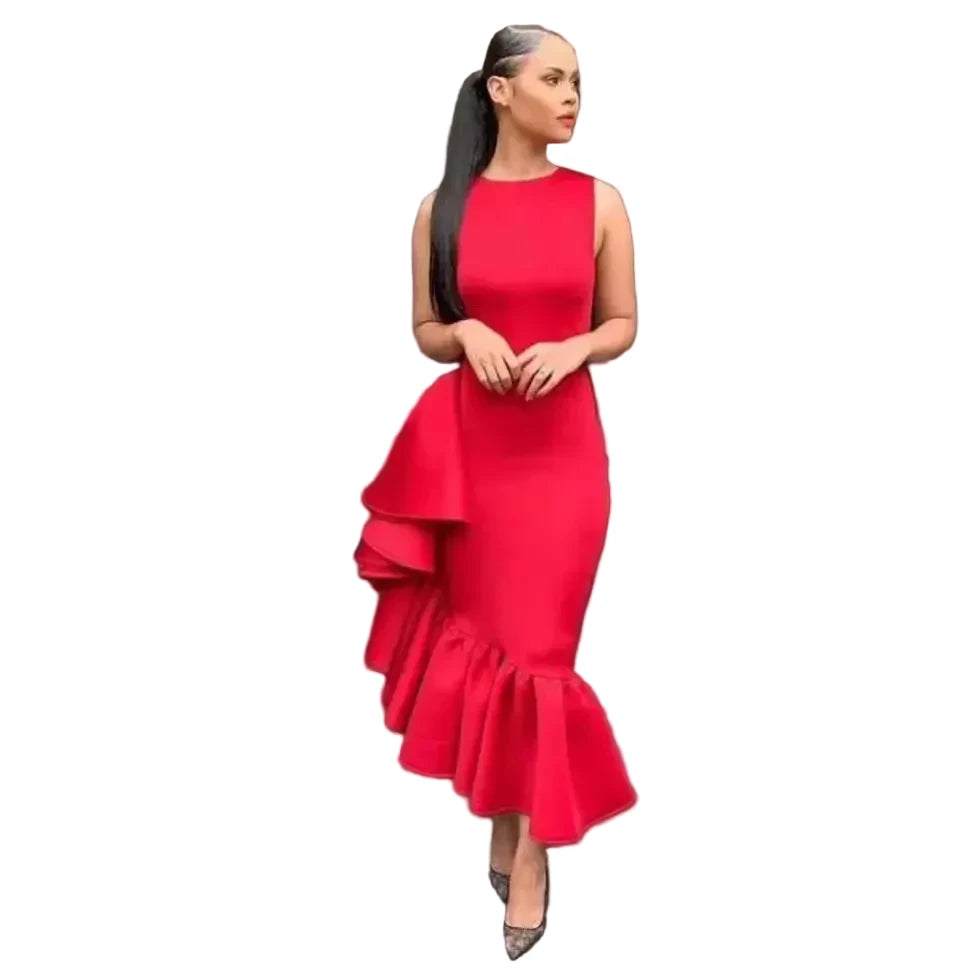 🍒Summer outfit for women smart casual sleeveless dress solid ruffle hem midi irregular party birthday wedding long female fashion occasion   Frill Yourself This Summer