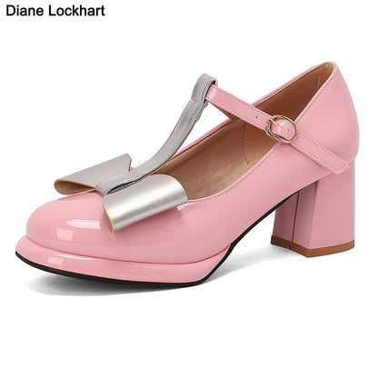 🍒T strap high heels round toe pumps women low platform shoes plus size available bow footwear for party wear wedding t-bar for special occasions Footwear With A Bow On IT