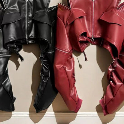 🍒pu cold shoulder leather jacket Y2K asthetic streetwear outerwear loose fashion women solid fashion female crop coat Keep Snug In A Cold Shoulder Coat