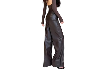 🍒High waist pu leather pants deep brown smart casual women floor length boot cut leather trousers occasion party wear clothing CUT out the chase for a BOOT boost