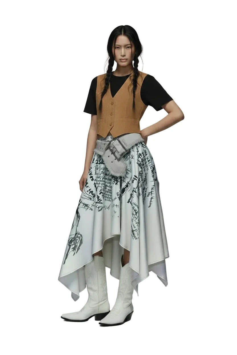 🍒Irregular letter print skirt shark bite skirt high waist long for women's y2k aesthetic vintage fashion streetwear Word On The Street These Are Cool Clothes