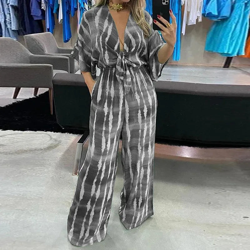 🍒Women's Jumpsuits tie dye Summer relaxed outfits casual  clothing for ladies v-neck one piece tie bow fashion loose wide leg Jumpsuit rompers S-XXXL  tye this tie Into Your style