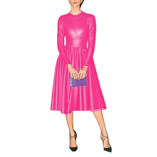 🍒Pu leather solid dress midi women high waist outfit solid colour matte round neck klong sleeve a-line outfits fashion party wear Simply Solid