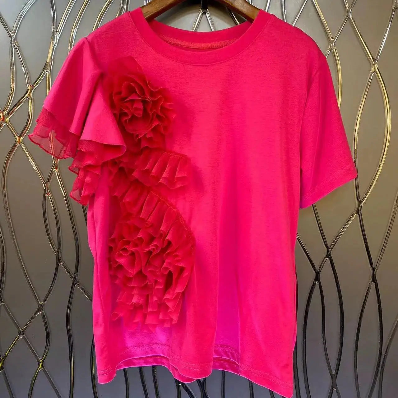 🍒3D flower top with ruffles  round neck short sleeved t-shirt smart casual party wear for women Time For A Rosy Lee Te'