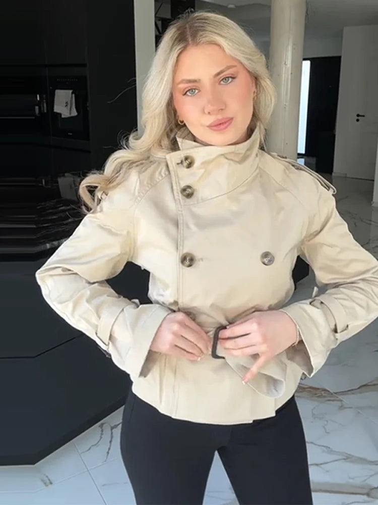 🍒Flared sleeve jacket belt coat for women elegant stand collar double breasted coat long sleeved outerwear female autumn winter fashion commuter keep abreast of belted double breast