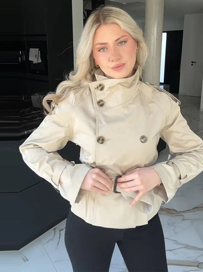 🍒Flared sleeve jacket belt coat for women elegant stand collar double breasted coat long sleeved outerwear female autumn winter fashion commuter keep abreast of belted double breast