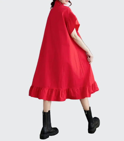🍒Summer loose dress artistic high low ruffle trim outfit with 3D flower cotton blend office smart casual women mid-length a-Line Don’t Get Ruffled Pick A Flower And Ease lnto Summer