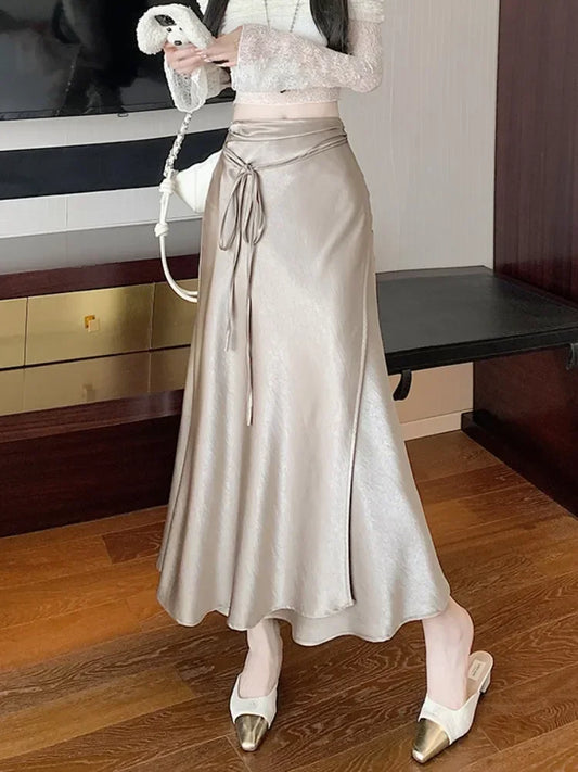 🍒Elegant high waist skirts for women fashion black grey satin skirt classic smart casual women  long skirt summer wear slinky silky skirty style