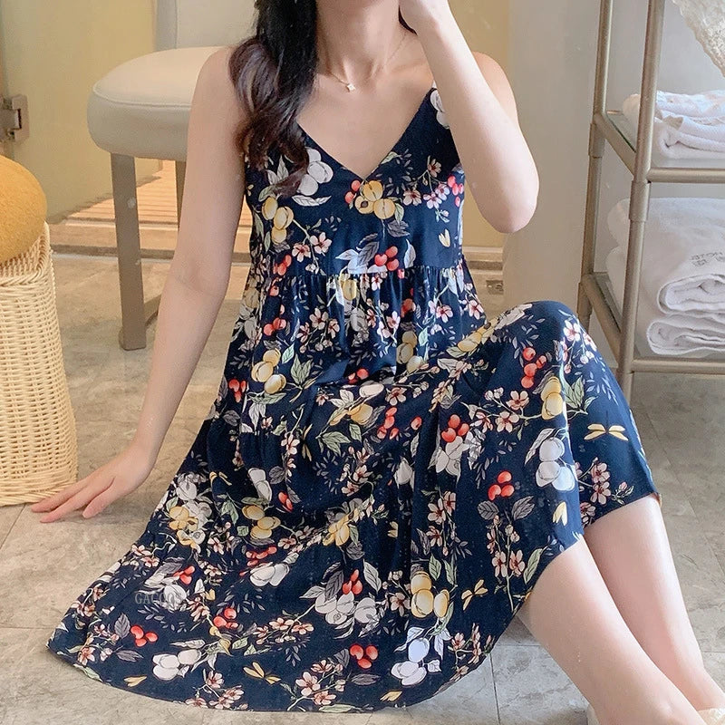 🍒Sleeveless night dress for Women breathable viscose cotton camisole nightie floral  night dress loungewear summer wear holidaywear nightwear Fresh Florals