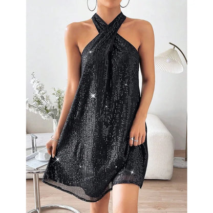 🍒Halter strapless dress sparkly women's clothes strapless sequin  mini outfit sleeveless party wear occasion wear clubbing wear Slip On A-Sensual Slippy Slip