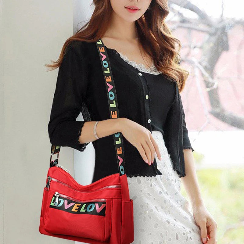 🍒Womens handbag oxford fabric bag large capacity crossbody with multiple compartments fashion accessory casual carry bag with colourful font Get A Handle On Love