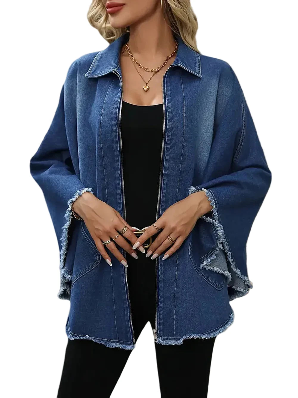 🍒Denim jacket women y2k pocket coat zipper poncho with turn down collar batwing sleeves  outerwear loose casual BAT For The DENIM team And WINg
