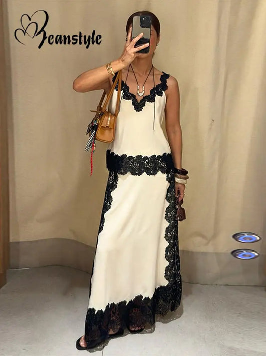 🍒 Lace camisole top and maxi skirt set women patchwork sleeveless backless tops and long loose skirts sets female summer fashion occasion party wear clothing smart casual women Lady Lace