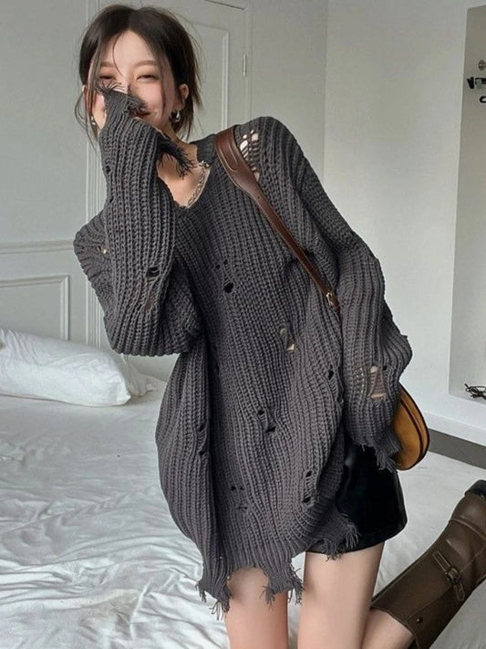 🍒Y2k vintage women's clothing solid colour pullover hole design lazy style jumper autumn winter streetwear knit sweater jumper dress A w-hole Lot Of Jumper For Your Money