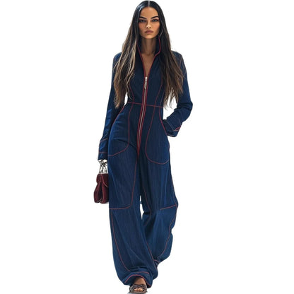🍒womens solid colur jumpsuit denim romper jeans for women autumn winter fashion long sleeve loose outerwear garment overalls wide leg ladies pants trousers jeans wear