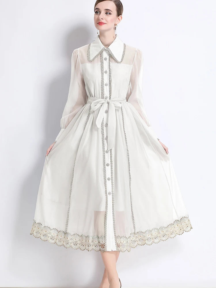 🍒Lace lapel dress single breasted shirt dress long sleeved loose outfit midi fashionable women's clothing party occasion wear Pink Up Your Pretty