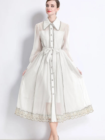 🍒Lace lapel dress single breasted shirt dress long sleeved loose outfit midi fashionable women's clothing party occasion wear Pink Up Your Pretty