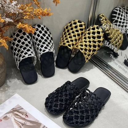 🍒Women's flying woven mesh sandals breathable flat shoes for women summer round toe sliders shallow mouth soft sole slippers for women anti-slip fabric Wear-resistant footwear Will Be Golden Oldies