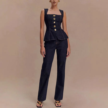 🍒Two piece sets for women piece Sets mom Jeans sleeveless denim tops and jean set long pants high waist Y2k style fashion elegant work clothing all match Get This Single Breast Double Denim And You Will Be Triple Excited