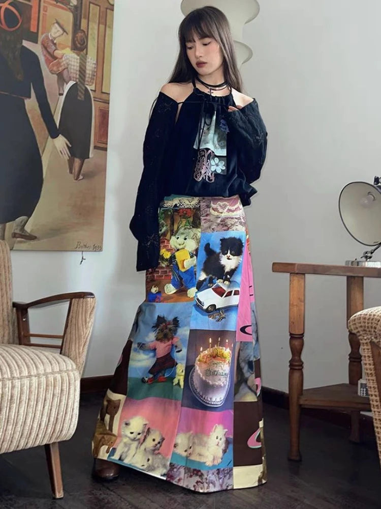 🍒Cartoon maxi skirt high waist long design aesthetics printed clothes for women spring summer fashion cute vintage style smart casual clothing Get Blown Away With This Candle Cake skirt