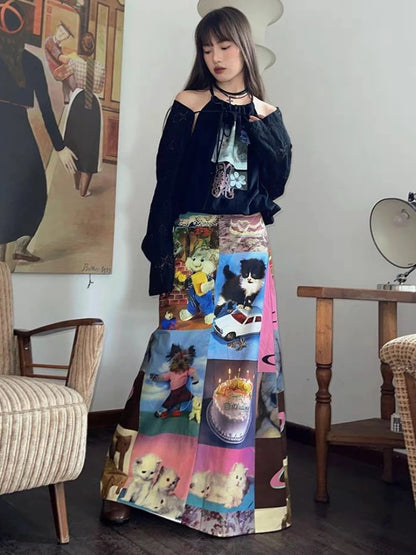 🍒Cartoon maxi skirt high waist long design aesthetics printed clothes for women spring summer fashion cute vintage style smart casual clothing Get Blown Away With This Candle Cake skirt