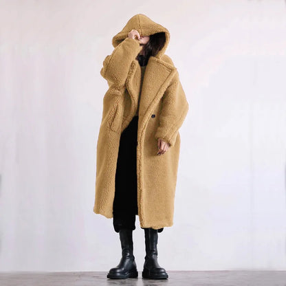 🍒Womens faux fur coat hooded midi lapel collar coat turn down collar coat colourful outerwear fashion open stitch elegant Warm thick autumn winter wear Feel Like A Bear In A Teddy