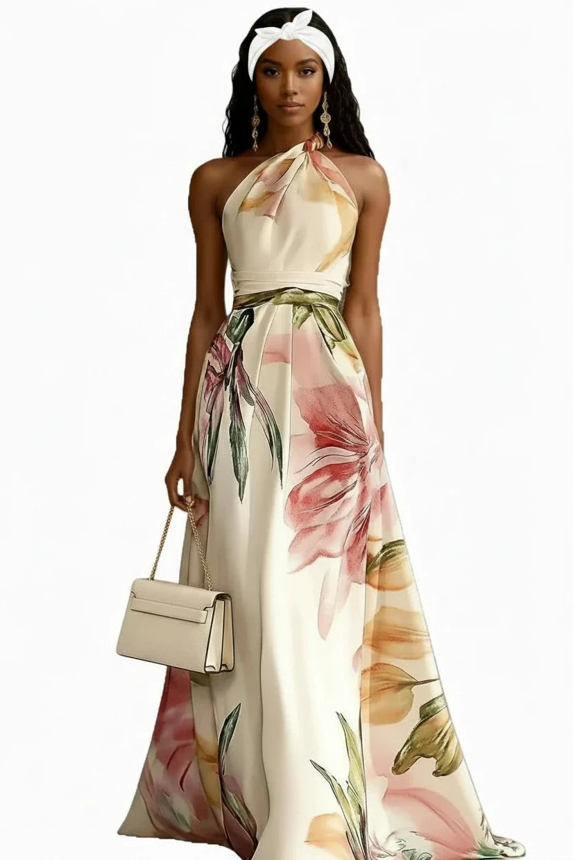 🍒Party vacation dress maxi floral fashion printed long outfit catwalk sleeveless party backless european and american occasion clothing Floor Them With A Floor Floral