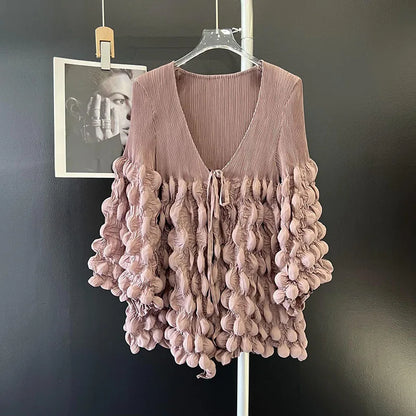 🍒Bubble sleeve pleated top with wrinkle tie strings top v neck design solid colour loose t-shirt smart casual clothes Bump Up Your Fashion