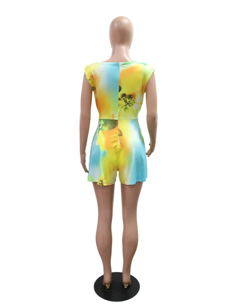 🍒 Shorts Jumpsuit loose printed sleeveless romper women  with tie waist colourful summer fashion female casual clothes Jump Into A Colourful Suit