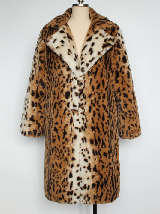 🍒Faux fur coat leopard long Jacket with lapel animal print outerwear fashion long sleeve overcoat women single breasted straight fit smart casual autumn winter wear Animate Your Style