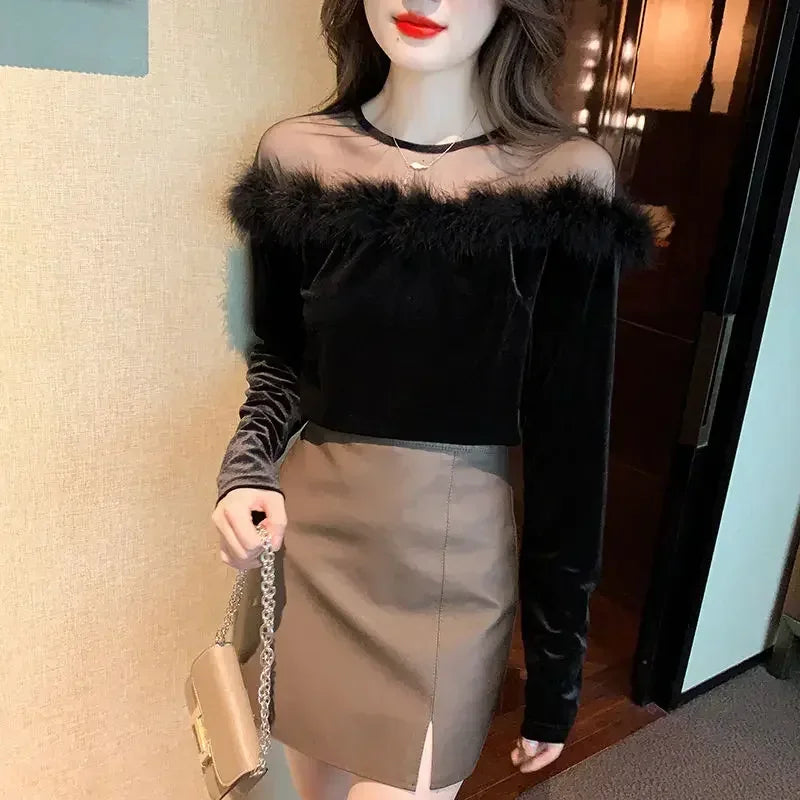 🍒Long sleeve velvet tops for women mixed media velvet fur top with mesh panel party occasion wear feminine clothing fashion Fluff Up In Velvet