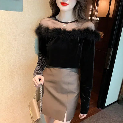 🍒Long sleeve velvet tops for women mixed media velvet fur top with mesh panel party occasion wear feminine clothing fashion Fluff Up In Velvet