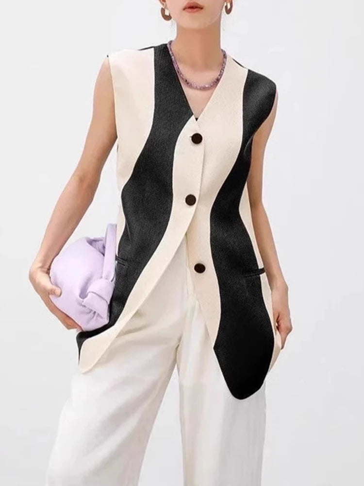 🍒Sleeveless waist coat top  v neck single breasted vest smart casual wear women versatile clothing female long vest jacket summer wear contrast colour fashion Jack-et Of All styles Master Of Fashion