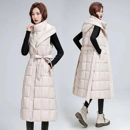 🍒Sleeveless down coat womens lomg outerwear vest autumn winter coat hooded long Jacket down filled waistcoat female winter fashion Get Down With Puffers