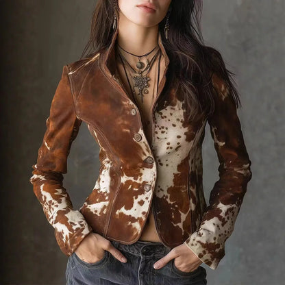 🍒Casual Jacket for women  fashion brown animal print long sleeve jacket lapel styles and stand up collar slim blazer suits smart casual Cute Cow